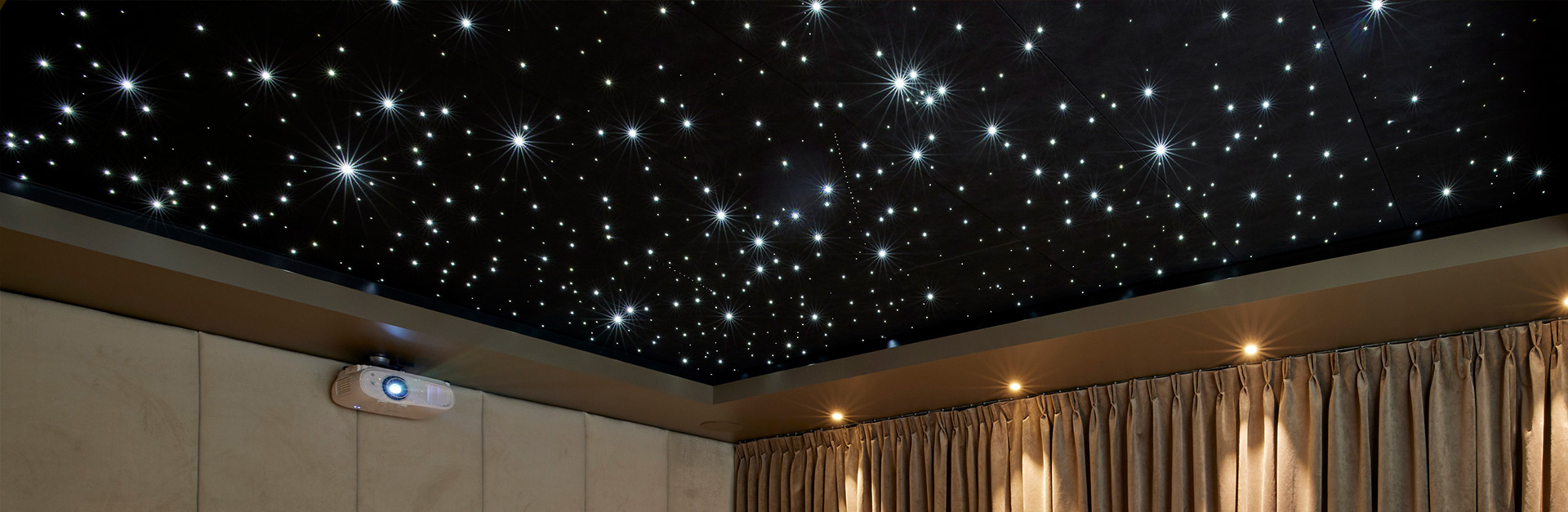 StarEFX™ fiber optic starlight ceiling, showcasing shooting stars, in home cinema room