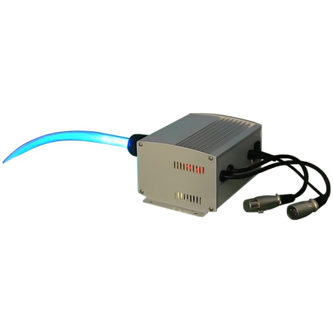 LED Illuminator emitting vibrant blue light through side-emitting cable.