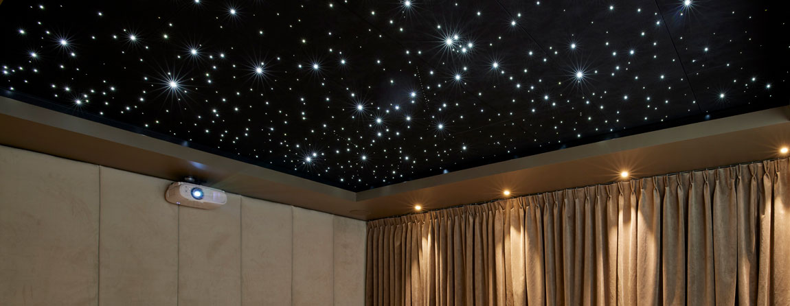 Close-up of the StarEFX™ fiber optic starlight ceiling panels, showcasing shooting stars, in Ronnie and Georgia's home theater on The Block