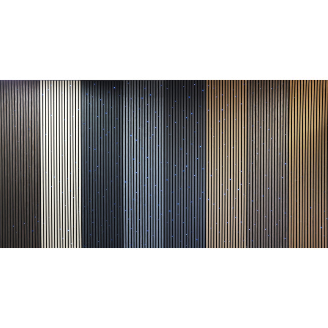 A vertical wooden slat wall with integrated blue fibre lights.