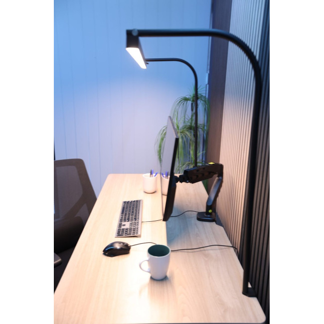 LightEFX Shift desk light clamp mount attached to desk edge showing adjustable arm and light head